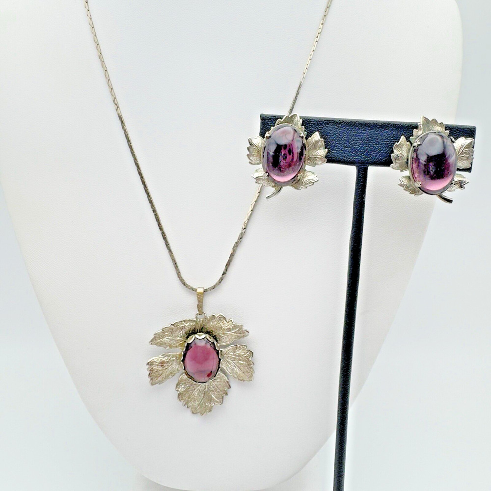 VTG Amethyst Glass Necklace Earrings Set Foil Back Cabochons Silver Tone Leaves